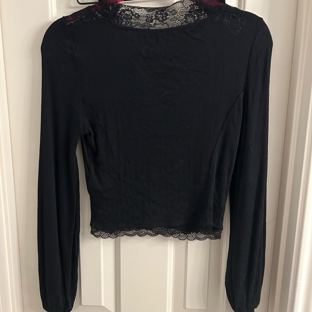 Free People Black Lace-Trim Button Front Top - Picture 3 of 3